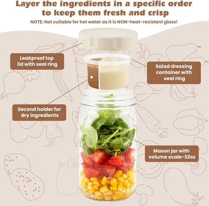 4 Pack Glass Salad Jars with Lids Meal Prep, 32oz Leakproof Mason Jar Salad Container for Lunch With 2pcs Brushes, Two Small Separate Compartments for Dressing and Dry Ingredients