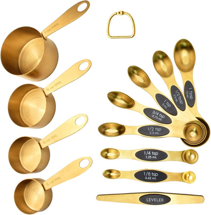 12-Piece Gold Magnetic Measuring Cups and Spoons Set，4 Premium Stainless Steel Gold Measuring Cups，8 Magnetic Measuring Spoons Set with Leveler，Measuring for Dry & Liquid Cooking Baking for Kitchen