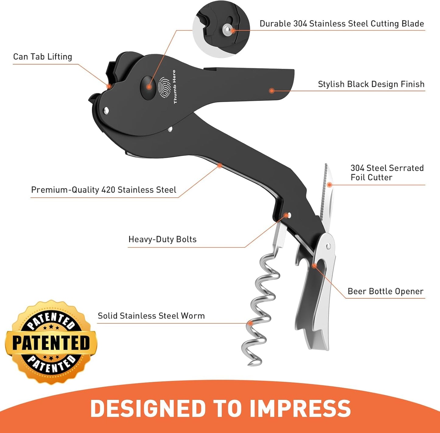 ikkle Topless Manual Soda Can Opener with Smooth Edge, 5-in-1 Multifunction Aluminum Pop-Top Can Lid Remover & Ring Pull Opener, Beer Bottle Opener, Wine Corkscrew & Foil Cutter