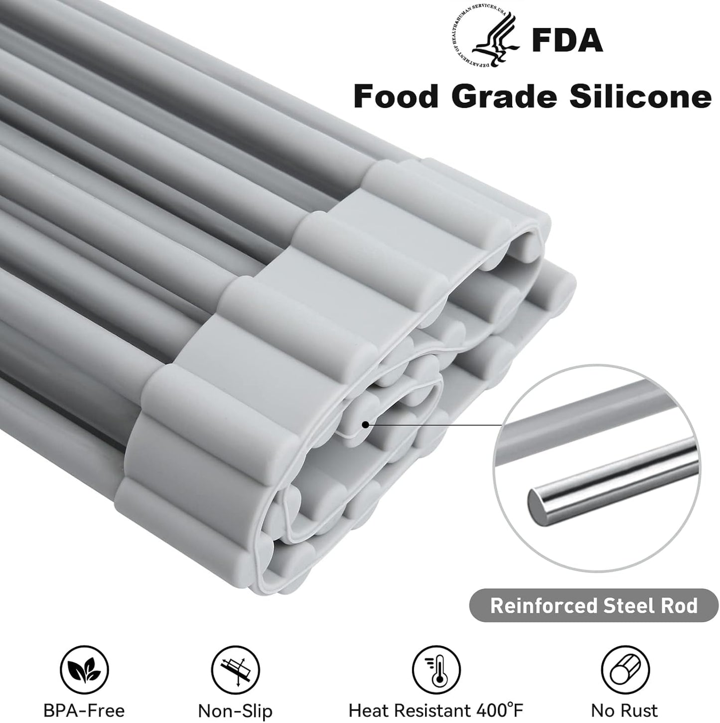 MERRYBOX Roll Up Over The Sink Dish Drying Rack Silicone Wrapped Foldable, Heat-Resistant, Anti-Slip Sink Rack Multipurpose Dish Drainer for Kitchen Sink Counter - White, 17.5" x 11"