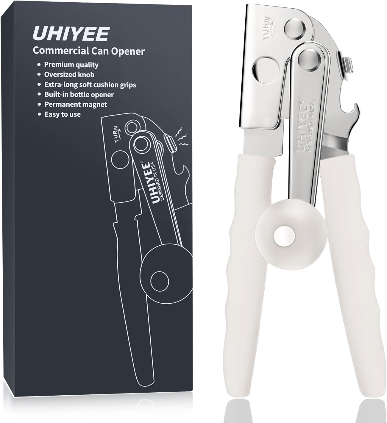 Commercial Can Opener, UHIYEE Hand Crank Can Opener Manual Heavy Duty with Comfortable Extra-long Handles, Oversized Knob, Large Handheld Can Open Easy for Big Cans, Black