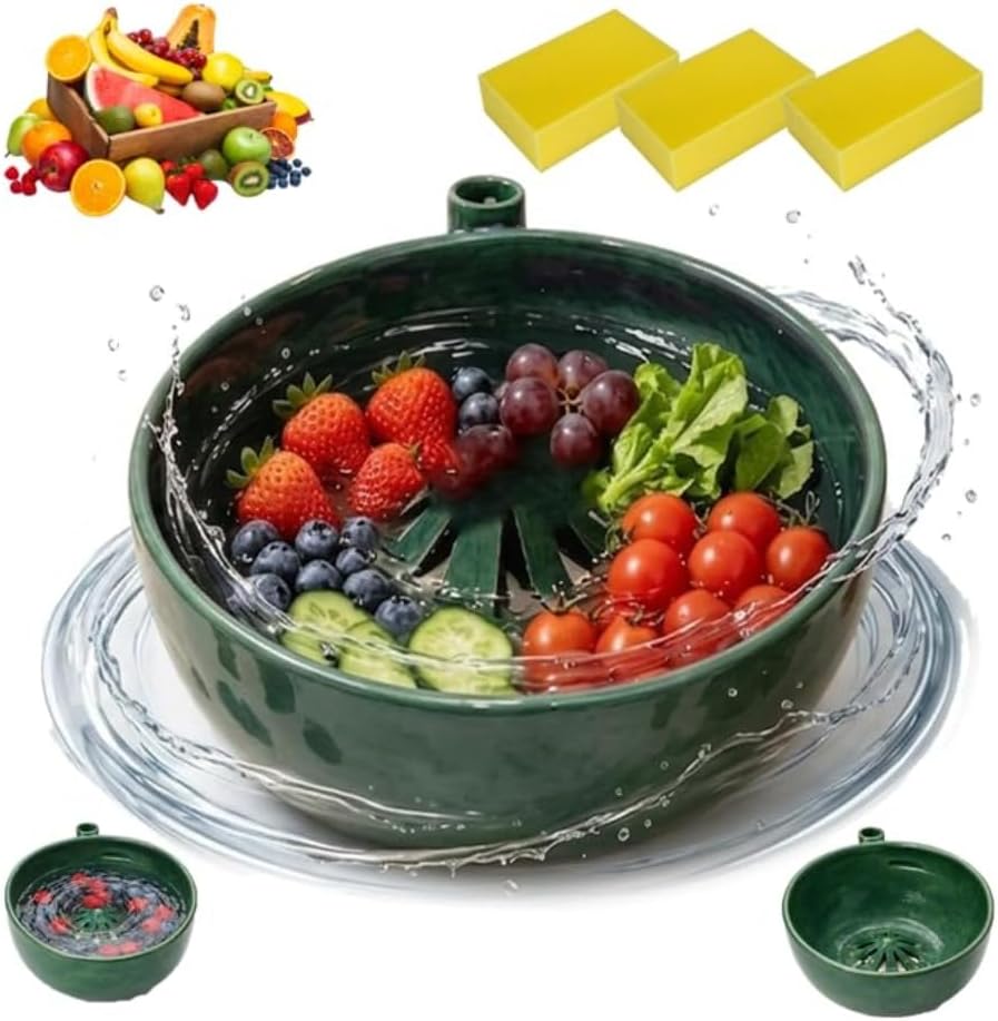 Berry Rinse Bowl Self Spinning 3d Printed Berry Bowl Washer, 360° Vortex Swirl Fruit Washing Colander With Drain Holes, Ceramic Style Automatic Rinse Strainer For Berries Vegetables Kitchen (1PCS)