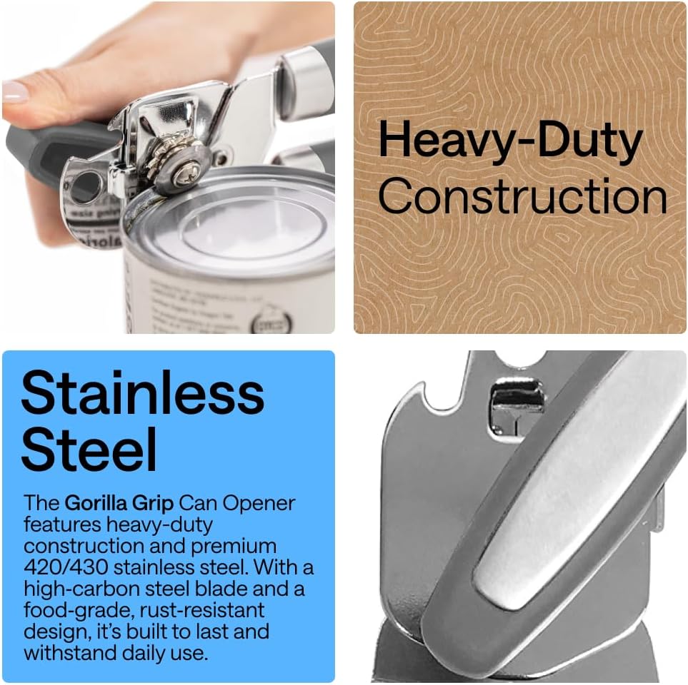 GORILLA GRIP Heavy Duty Stainless Steel Smooth Edge Manual Can Opener and Bottle Openers, US Designed, Soft Comfortable Handle, Oversized Handheld Turn Knob, Multifunctional Kitchen Tool, Black