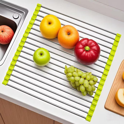 Roll Up Dish Drying Rack, Stainless Steel and Silicone Dish Drying Mat Over The Sink Foldable Drain Rack Multipurpose Dish Drainer for Kitchen, 14.5” x 14”, Gray