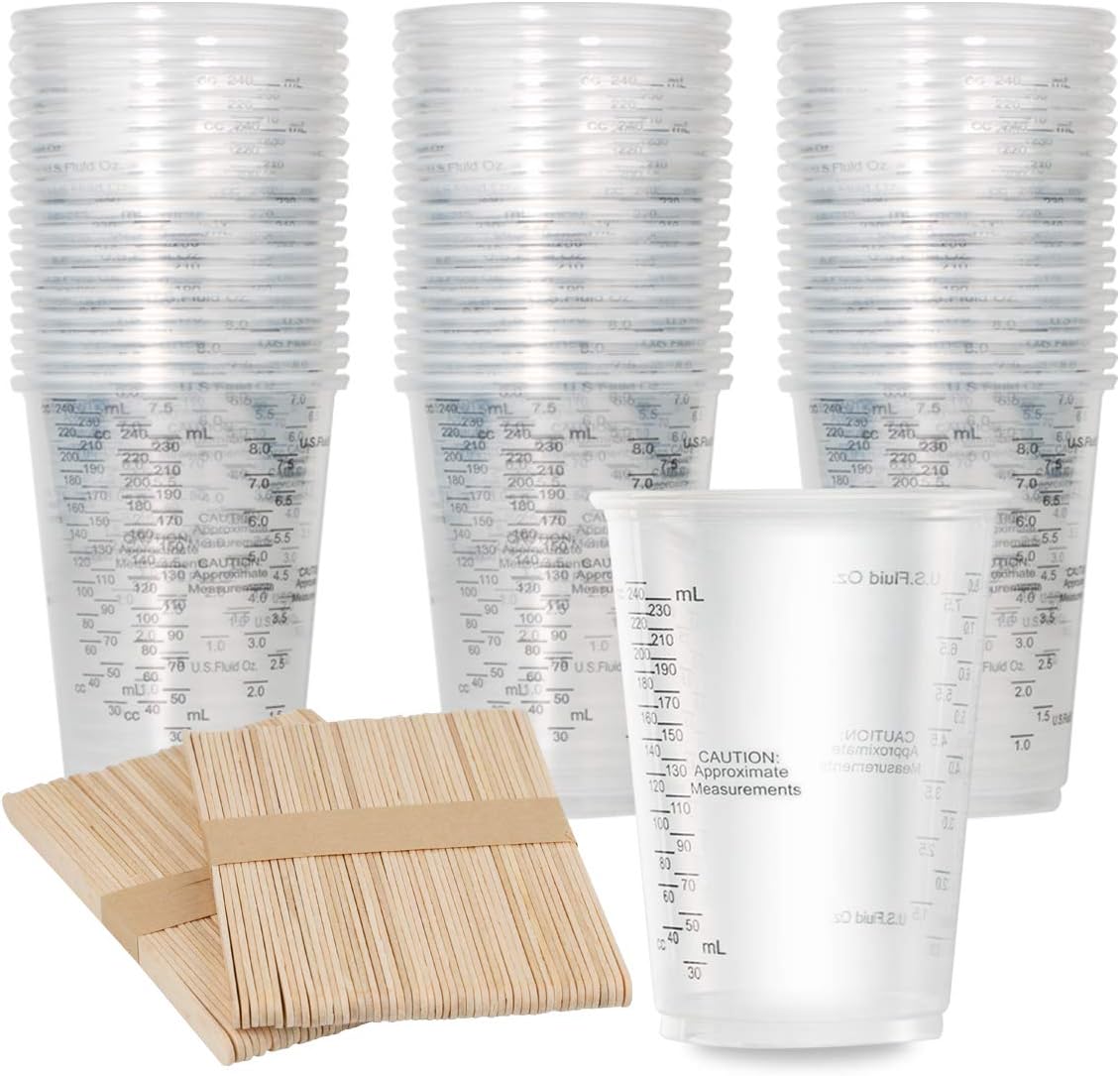 XUXU 100pcs 8oz Graduated Clear Plastic Measuring Cups with 100pcs Wooden Stirring Sticks for Mixing Paint, Pigments, Epoxy Resins, Resins