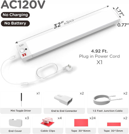 Under Cabinet Lighting Plug in, 10 Inch Motion Sensor LED Light, 3CCT 3000K/4000K/5000K, Dusk-to-Dawn & Timer, Linkable Ultra Bright Under Counter Lights for Kitchen,Hallways, White, 1 Pack