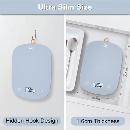 QP Digital Food Scale, 11lb Digital Kitchen Scale, 1g High Accuracy Meat Scale, 6 Units, Cooking Scale with Hook, Ultra Slim Kitchen Weight Scale, Touch Control, Tare Function, Auto Off, LCD Display