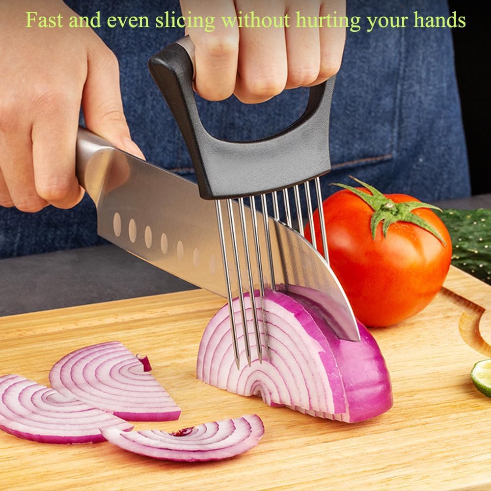 Onion Slicer Holder with Protective Cover, Lemon Slicer Holder Onion Cutter, Vegetable Cutter Kitchen Chopper Slicing Assistant Tool for Tomato Meat