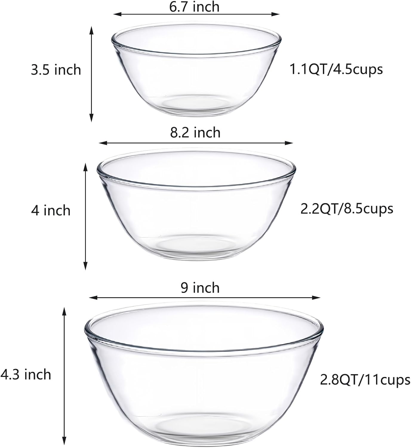 Borosilicate Glass Mixing Bowls, Set of 3 (2.8, 2.2, 1.1QT) - Heavy-Duty, Scratch Resistant & Lead-Free. Oven, Microwave, Dishwasher & Freezer Safe. Ideal for Meal Prep, Baking, Serving.