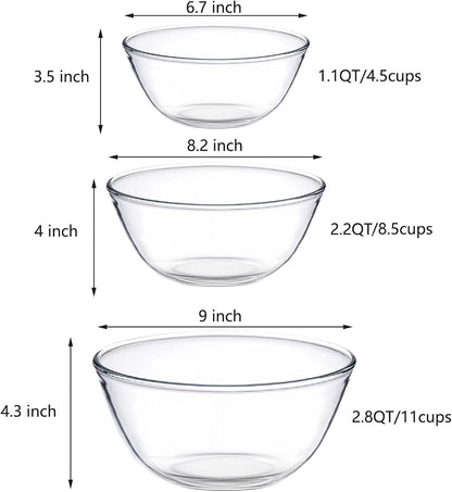 Borosilicate Glass Mixing Bowls, Set of 3 (2.8, 2.2, 1.1QT) - Heavy-Duty, Scratch Resistant & Lead-Free. Oven, Microwave, Dishwasher & Freezer Safe. Ideal for Meal Prep, Baking, Serving.