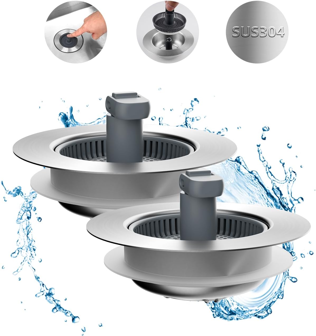 Hibbent Upgraded 3 in 1 Kitchen Sink Drain Strainer and Stopper Combo, Stainless Steel Metal Pop Up Sink Stopper, Anti-Clogging Basket with Foldable Handle for US Standard 3-1/2 Inch Drain