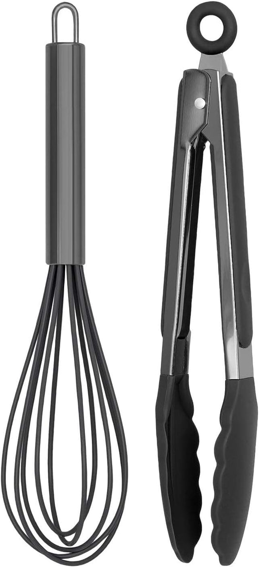 Country Kitchen Stainless Steel Silicone Tipped Kitchen Food BBQ and Cooking Tongs for Non Stick Cookware, BPA Fee, Stylish, Sturdy, Locking, Grill Tongs, Gunmetal, Tong and Whisk Set, Gray