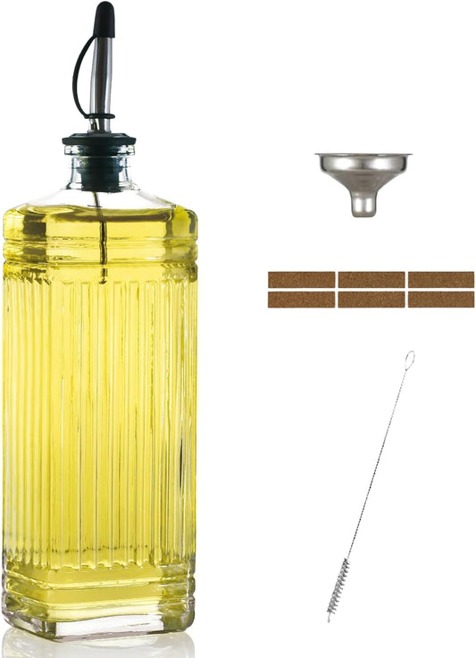 1-Pack Glass Olive Oil Dispenser 500ML/17OZ, Rectangular Vinegar Bottle with Stainless Steel Pourer, Brush, Funnel, Label (Ribbed)