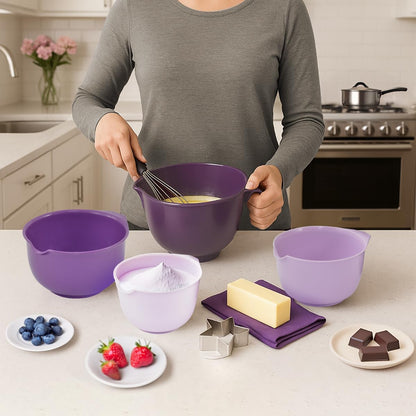 Glad Mixing Bowls with Pour Spout, Set of 4 - Nesting Plastic Bowls (1.2qt, 1.9qt, 2.8qt, and 3qt with Handle) - Non Slip Base, Dishwasher Safe Kitchen Cooking and Baking Supplies, Grey