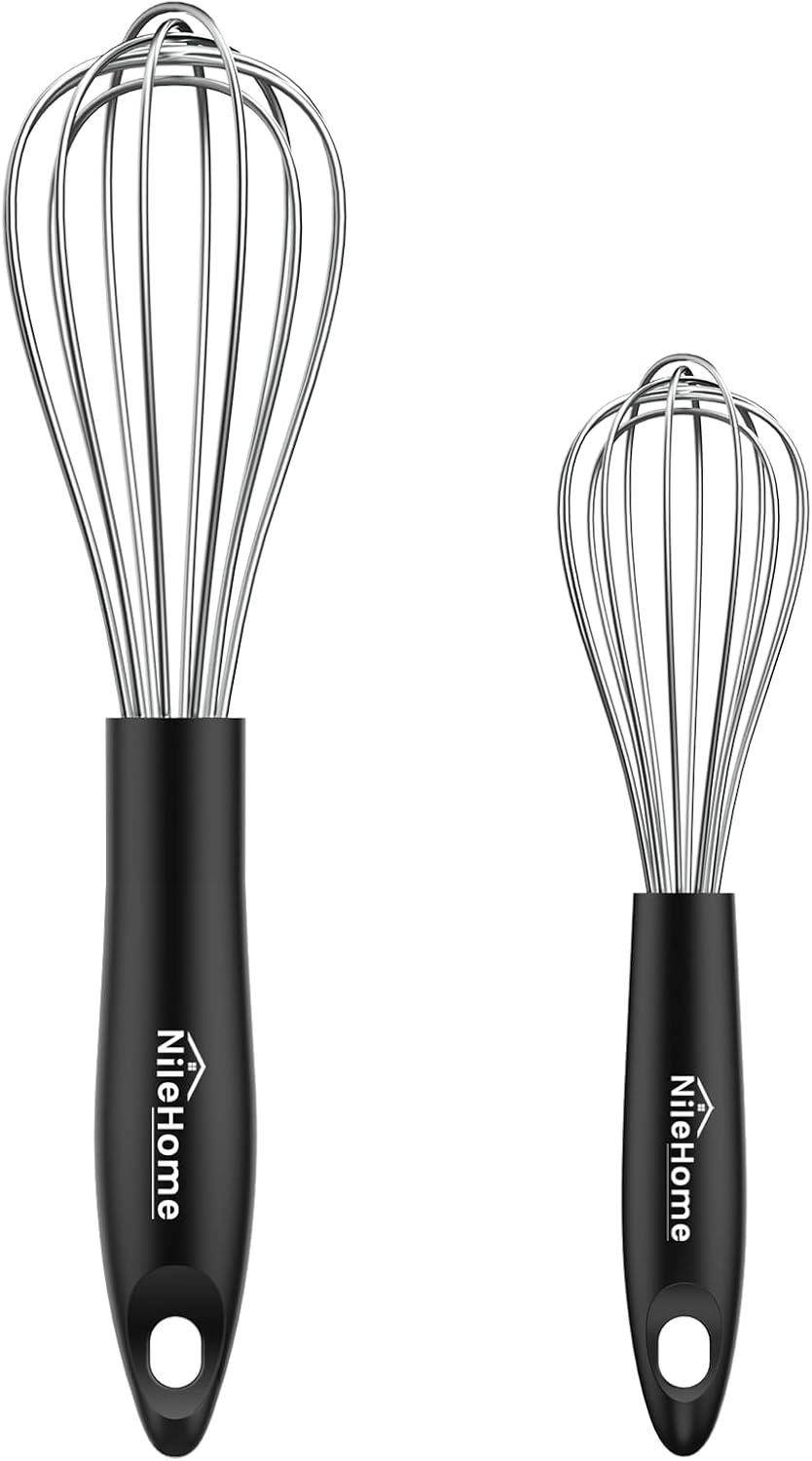 NileHome Silicone Whisk Set 8" 10" 12" Kitchen Whisk Kitchen Wisk Wire Whisks for Cooking, Whisking, Blending, Beating, Stirring-Black 3 Pack
