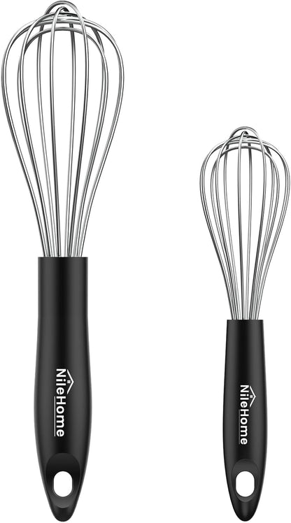 NileHome Silicone Whisk Set 8" 10" 12" Kitchen Whisk Kitchen Wisk Wire Whisks for Cooking, Whisking, Blending, Beating, Stirring-Black 3 Pack