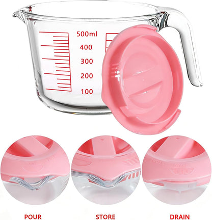 Glass Measuring Cups with Lids Set, Borosilicate Glass V-Shaped Spout Microwave Safe Scales Milk Cup for Cooking Baking (Pink, 2CUP)