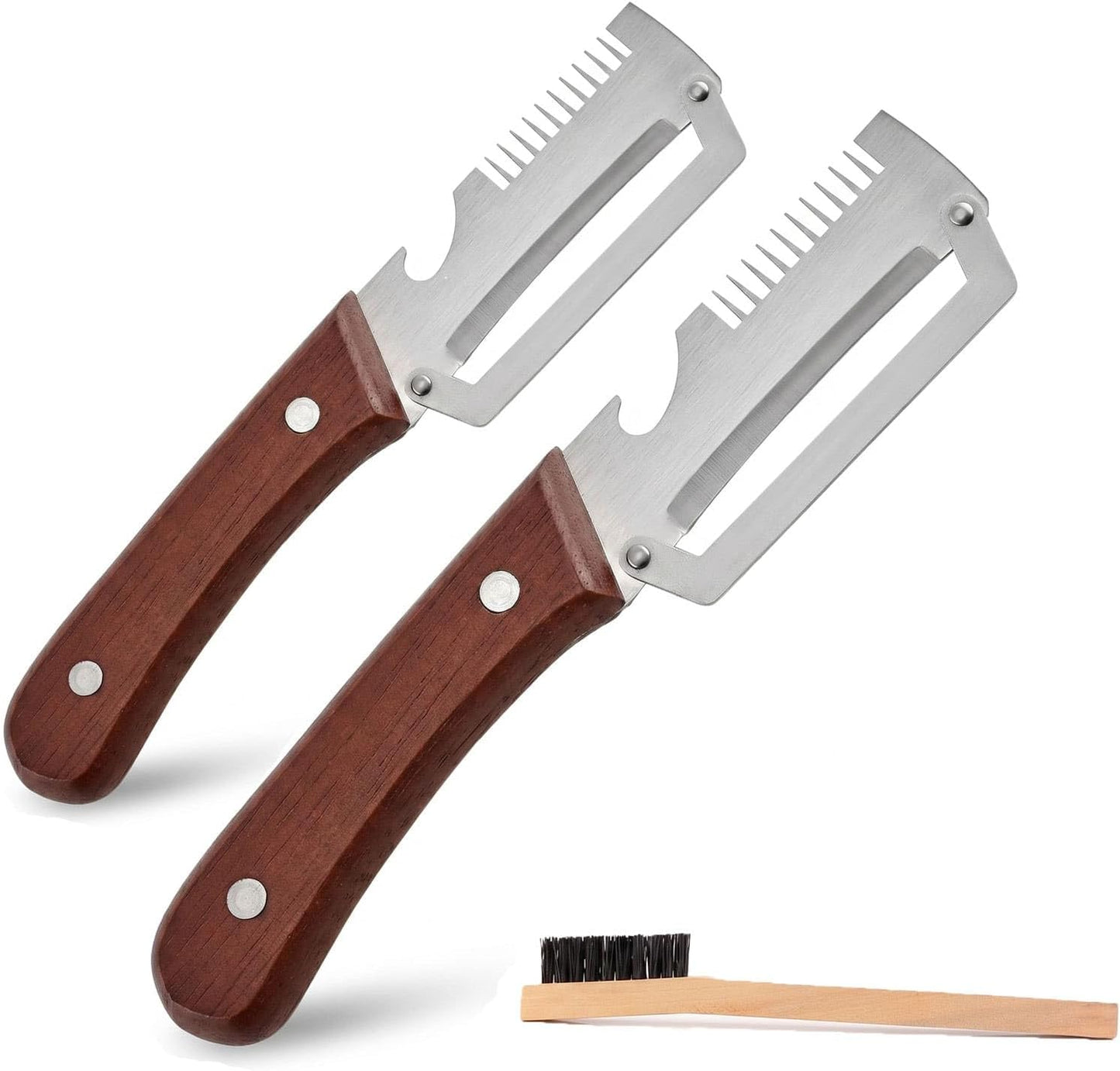3-in-1 Stainless Steel Vegetable Peeler with Wooden Handle, Julienne Shredder and Bottle Opener for Kitchen & Camping, Includes Cleaning Brush