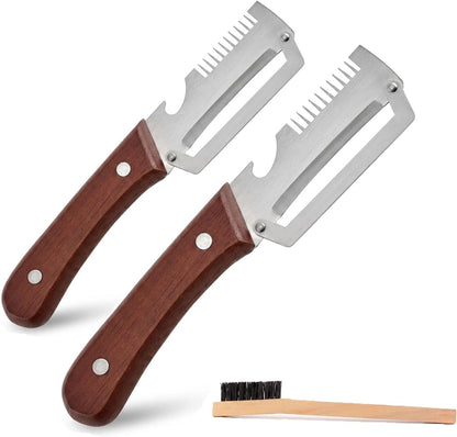 3-in-1 Stainless Steel Vegetable Peeler with Wooden Handle, Julienne Shredder and Bottle Opener for Kitchen & Camping, Includes Cleaning Brush