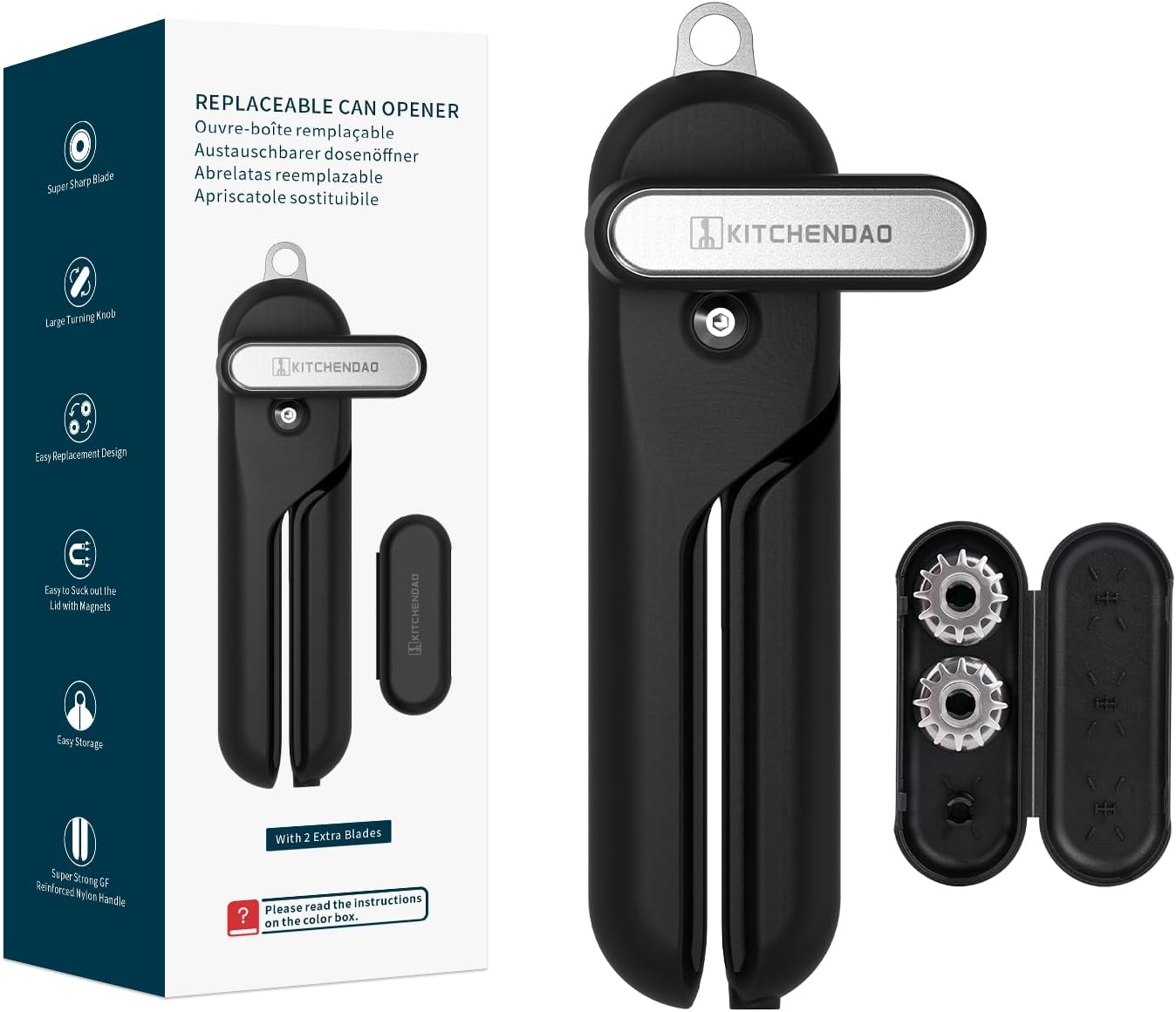 KITCHENDAO Replaceable Can Opener with 2 Extra Blades, Super Sharp Manual Can Opener with Magnet, Smooth Edge Cut Handheld Tin Opener, Large Turning Knob for Seniors & Arthritis, Black