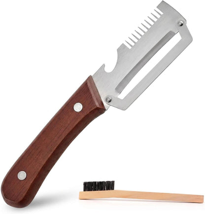 3-in-1 Stainless Steel Vegetable Peeler with Wooden Handle, Julienne Shredder and Bottle Opener for Kitchen & Camping, Includes Cleaning Brush