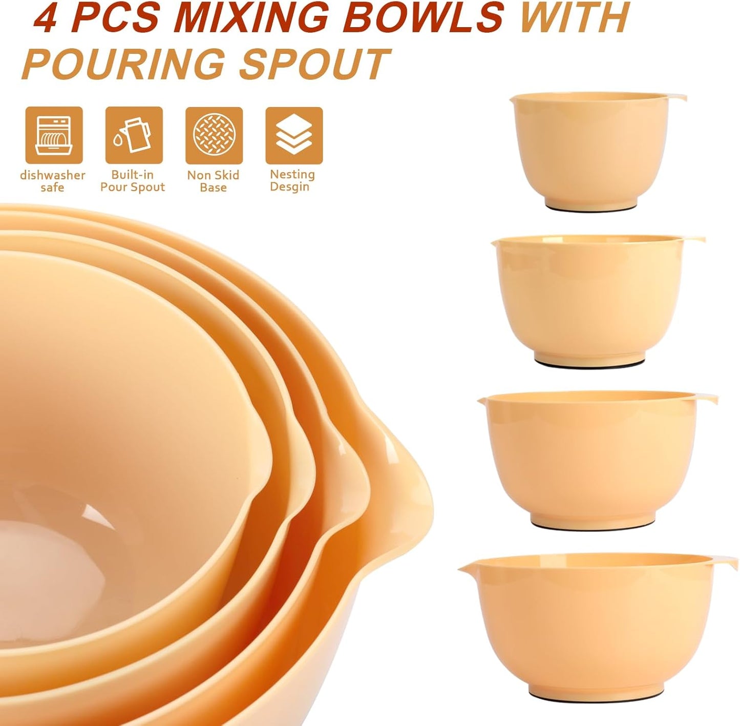 BoxedHome Green Ombre Nesting Plastic Mixing Bowl Set With Pour Spout, Microwave and Dishwasher Safe, BPA free Non-Slip Base, Set of 4 Size 1.7, 2.5, 3.5 and 4.5qt, Great for Prepping, Baking, Cooking