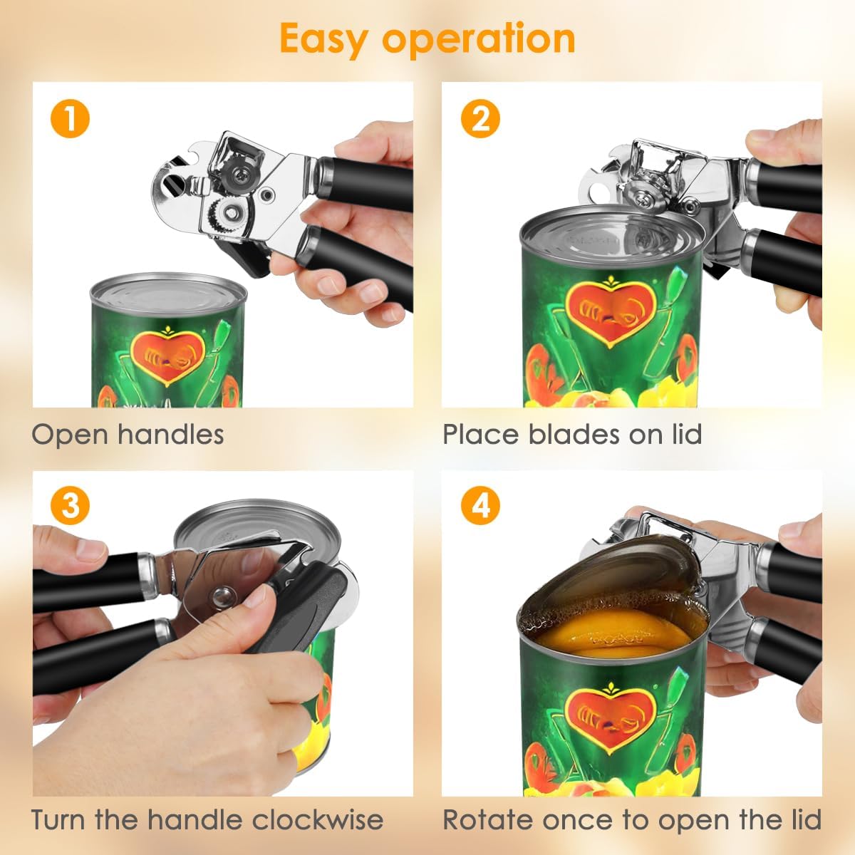Heavy duty stainless steel manual can opener, sharp blade for smooth cutting edges, easy opening of cans, non-slip ergonomic handle, easy turn knob, built-in bottle opener, painted black