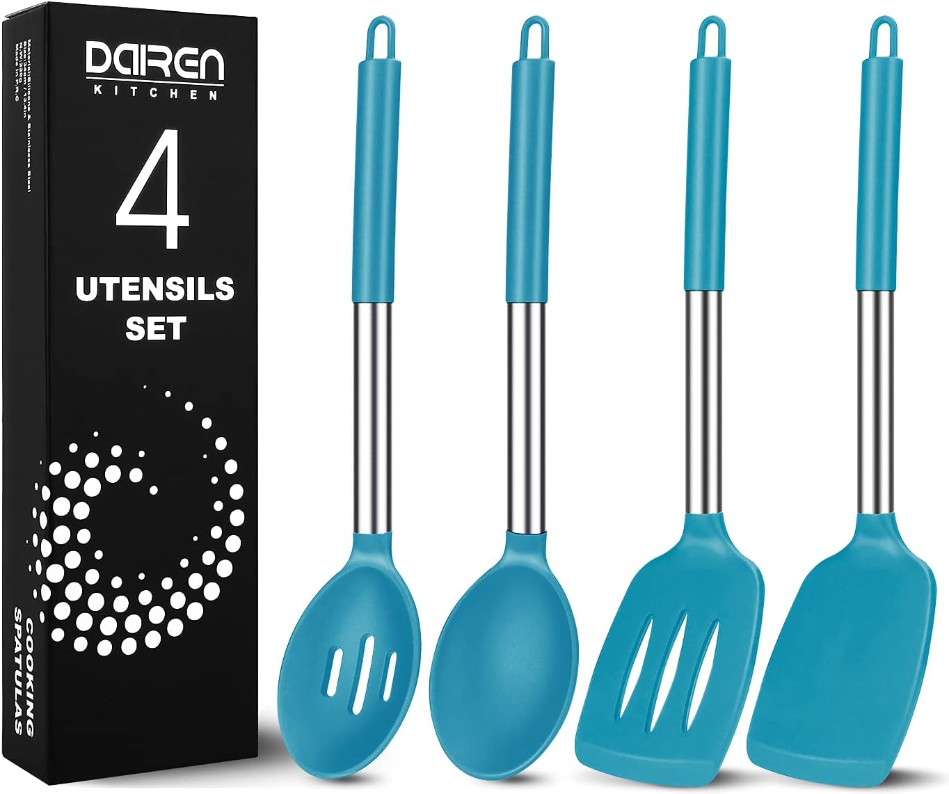 Pack of 4 Large Silicone Cooking Spatulas and Spoons, Slotted and Solid Stainless Steel Cooking Utensils Set, Non-stick Heat Resistant Kitchen for Baking, Fried, Stir-Fry, Mixing, Serving (Black)