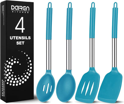 Pack of 4 Large Silicone Cooking Spatulas and Spoons, Slotted and Solid Stainless Steel Cooking Utensils Set, Non-stick Heat Resistant Kitchen for Baking, Fried, Stir-Fry, Mixing, Serving (Black)