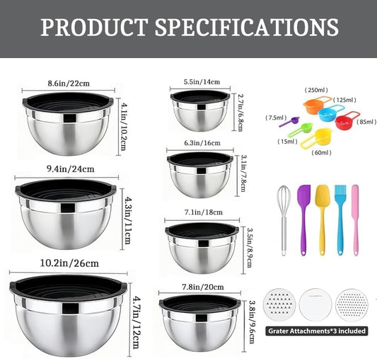 Mixing Bowls with Lids Set, Stainless Steel, 7 Sizes (0.7-4.5QT), with 3 Grater Attachments, Nesting, Dishwasher Safe, for Cooking, Baking and Serving (Colorful-7 Sizes)