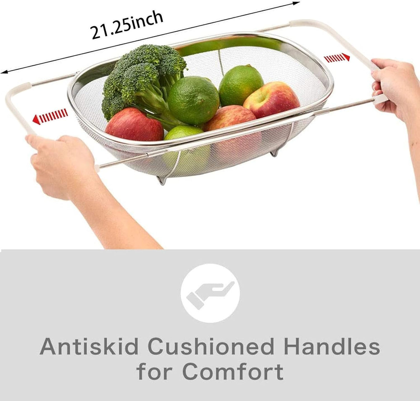 AJIODA Over The Sink Colander, 4 Quarts Stainless Steel Oval Colander with Expandable Rubber Grip Handle, Fine Mesh Strainer Baskets Kitchen Colanders for Strain, Drain, Rinse Vegetable, Fruits, Black