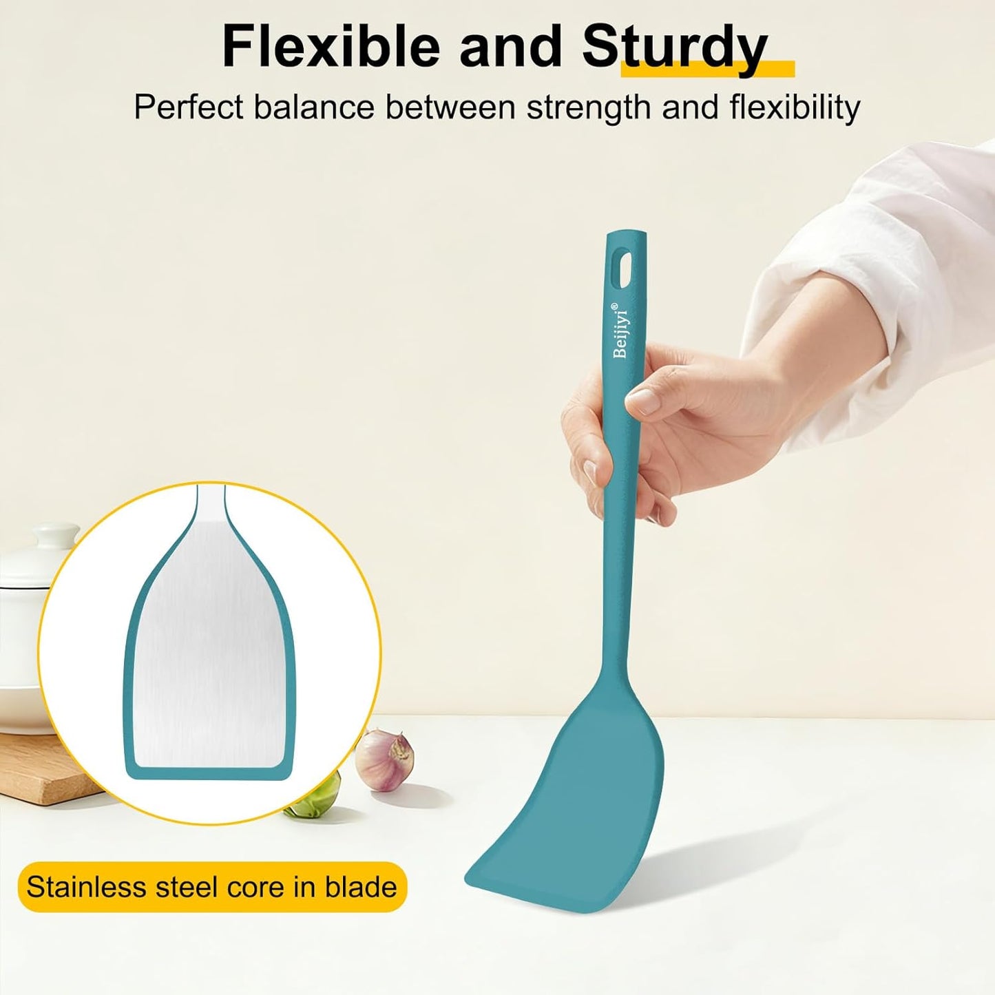 Beijiyi Silicone Spatula Set of 4, 600°F Heat Resistant, BPA Free Kitchen Spatula and Spoons for Nonstick Cookware, Solid & Slotted Turner Cooking Utensils for Serving, Flipping Egg, Pancakes (Khaki)