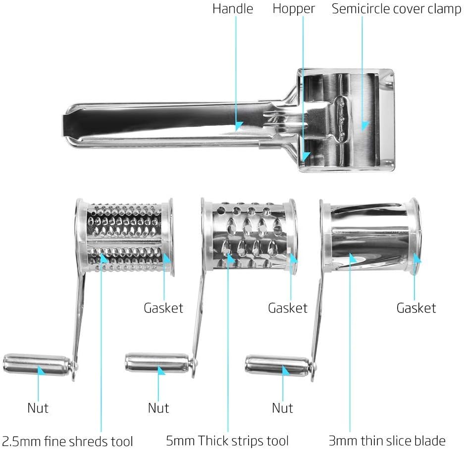 Stainless Steel Rotary Cheese Grater, Hand Crank Cheese Shredder Multifunction Rotatable Cheese Cutter Kitchen Slicing Tool for Hard Cheese, Chocolate & More
