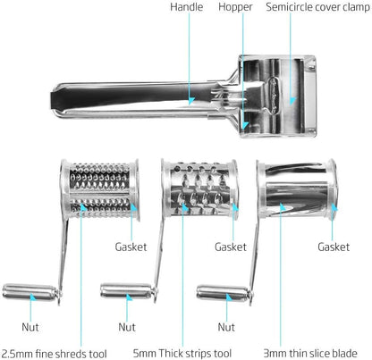 Stainless Steel Rotary Cheese Grater, Hand Crank Cheese Shredder Multifunction Rotatable Cheese Cutter Kitchen Slicing Tool for Hard Cheese, Chocolate & More