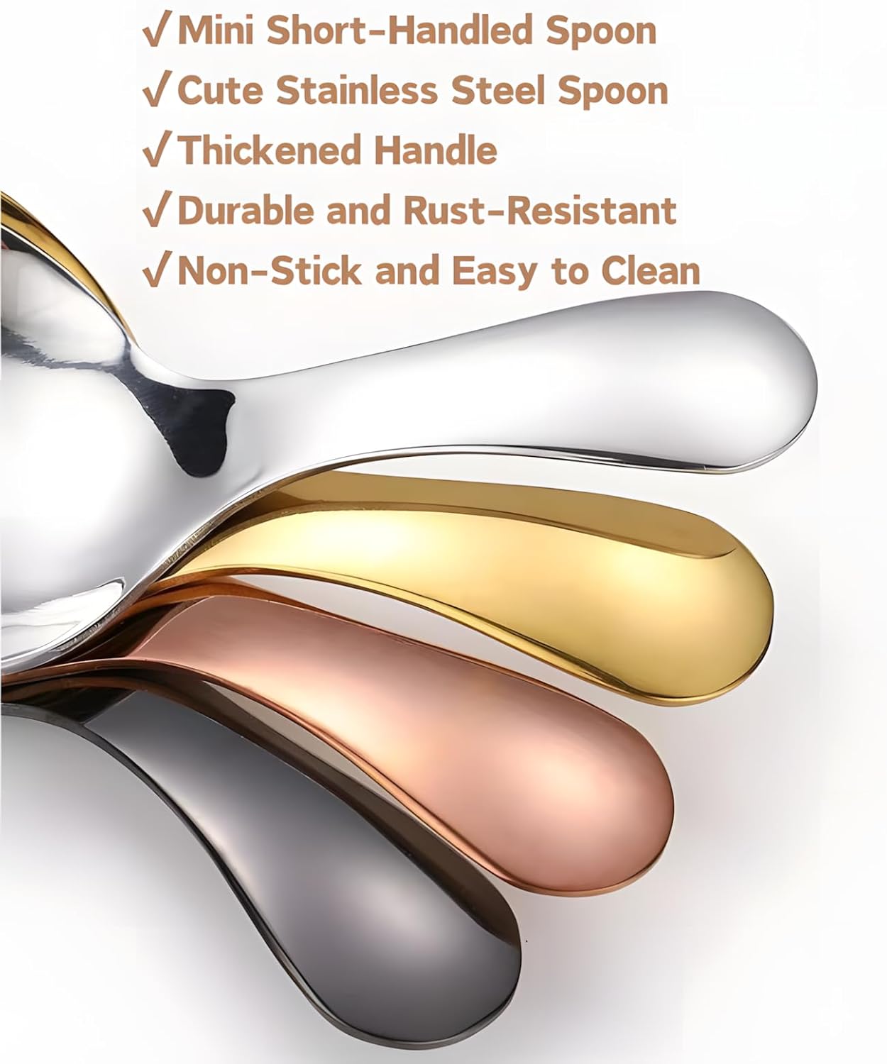 5PCS Short Handle Spoon, Stainless Steel Mini Spoons Thickened Small Round Spoon For Salt Condiments Dessert Tea Coffee (Black)