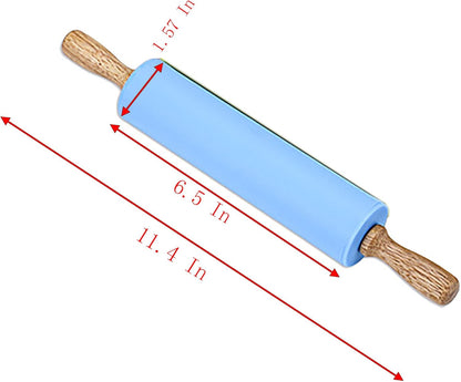 Silicone Rolling Pin, Green 9 Inch Pin with Wooden Rotatable Handle for Dough of Baking Bread, Cookie, Pizza (green, 9 inch)