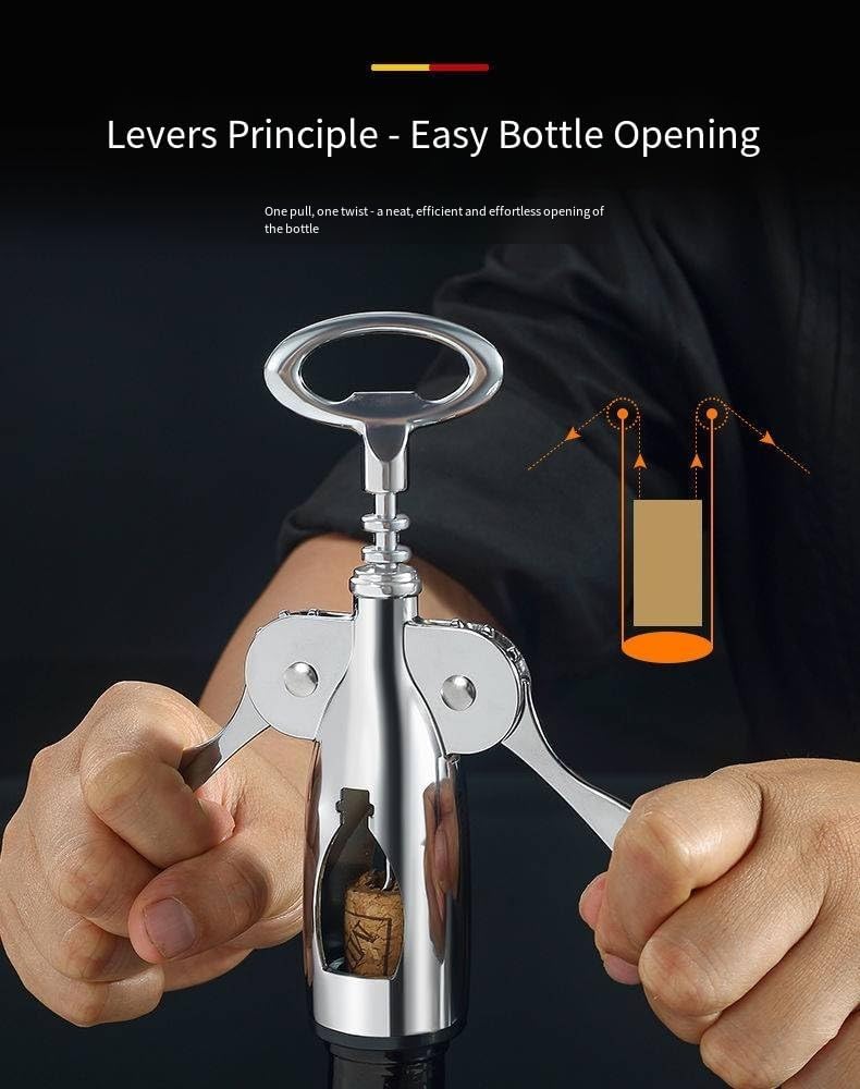 Wine Opener Wing Corkscrew - Ergonomic Stainless Steel Lever, Built - in Bottle Opener, Durable Wine Key for Home Bar Use(1Pack)