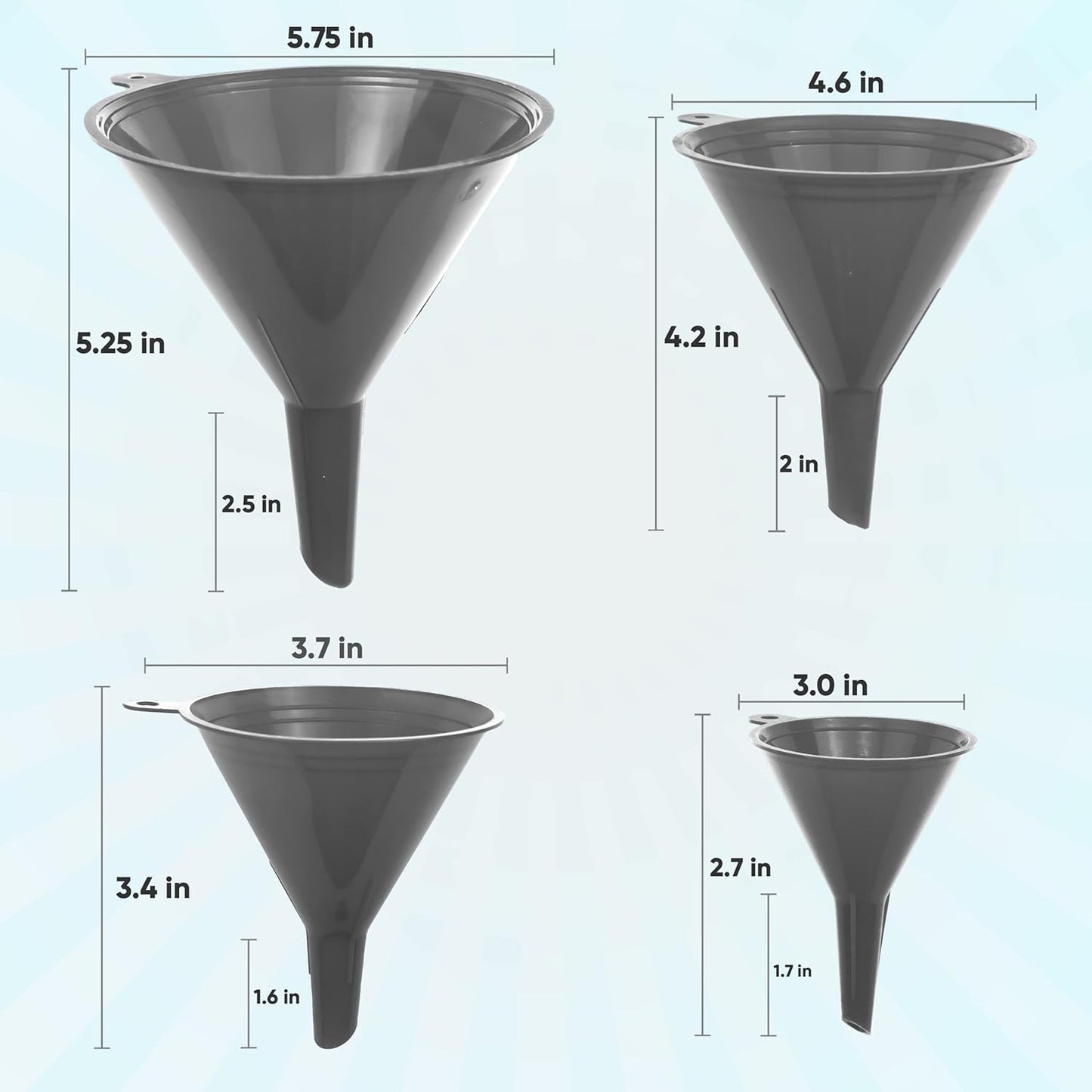 LIQVEE™ Funnel Set (4 Sizes: 122, 101, 76, 50mm) - Durable, Non-Toxic, Food-Grade Plastic funnels for Filling Bottles and containers. Ideal for Kitchen, Garage, or Labs. Perfect for Precise Pouring.