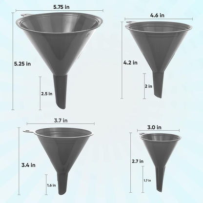 LIQVEE™ Funnel Set (4 Sizes: 122, 101, 76, 50mm) - Durable, Non-Toxic, Food-Grade Plastic funnels for Filling Bottles and containers. Ideal for Kitchen, Garage, or Labs. Perfect for Precise Pouring.