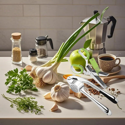Garlic Press Stainless Steel, 2 in 1 Garlic Mincer & Herb Scissors, Dishwasher Safe Garlic Crusher, Rust Proof Garlic Smasher and Mincer Tool with Peeler and Brush for Kitchen