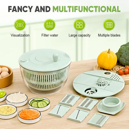 All-in-One Salad Spinner & Vegetable Chopper, Large 5.3Qt Lettuce Spinner Dryer with 5 Blades Slicer Shredder, Multifunctional Vegetable Cutter Fruit Washer Bowl for Kitchen Prep (Green)