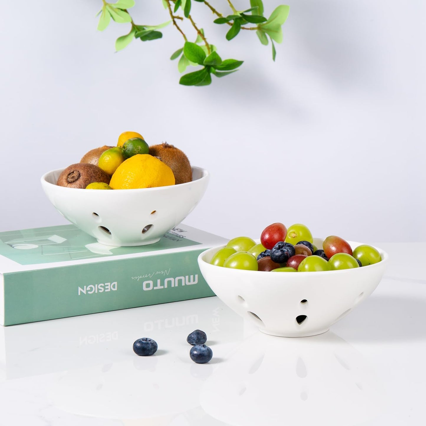 Ceramic Berry Basket, Round Fruit Bowl with Draining Hole, 5.8" Berry Colander for Kitchen Counter, Fruit Baskets Set of 2, White