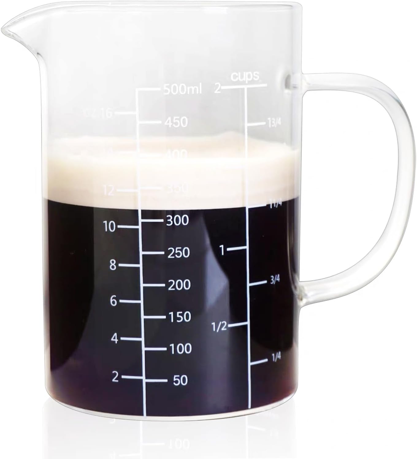 Glass Measuring Cup with Handle, 500 ML High Borosilicate Glass Three Scales (OZ, Cup, ML/CC) easuring Beaker for Kitchen or Restaurant, V-Shaped Spout Glass Measuring Beaker, Easy To Read
