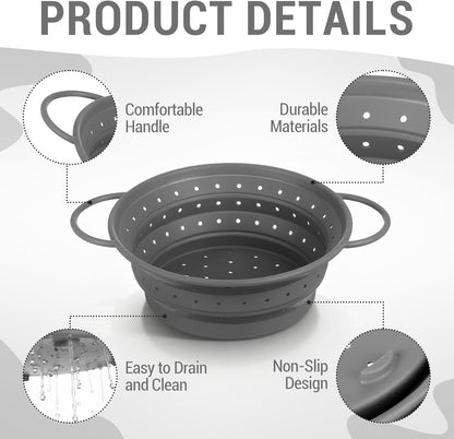 3 Pack Collapsible Colander with Strainer Bowl Set, 11 & 13 In BPA-Free Silicone Colanders for Kitchen, Heat-Resistant Space-Saving Strainer Dishwasher Safe Baskets for Vegetable Fruits(Grey)