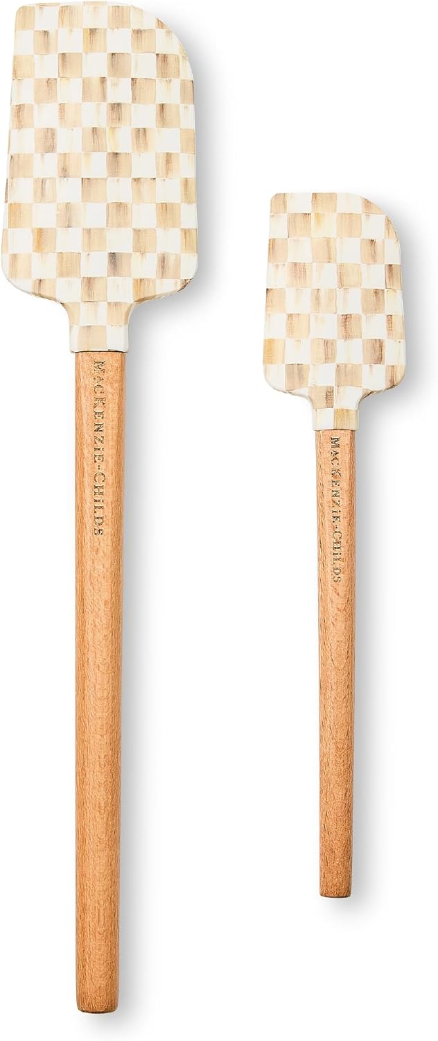 MACKENZIE-CHILDS Silicone Spatulas with Wooden Handles, Silicone Kitchen Spatula Set, 9 Inches and 12.75 Inches, Set of 2, Green-and-White Emerald Check