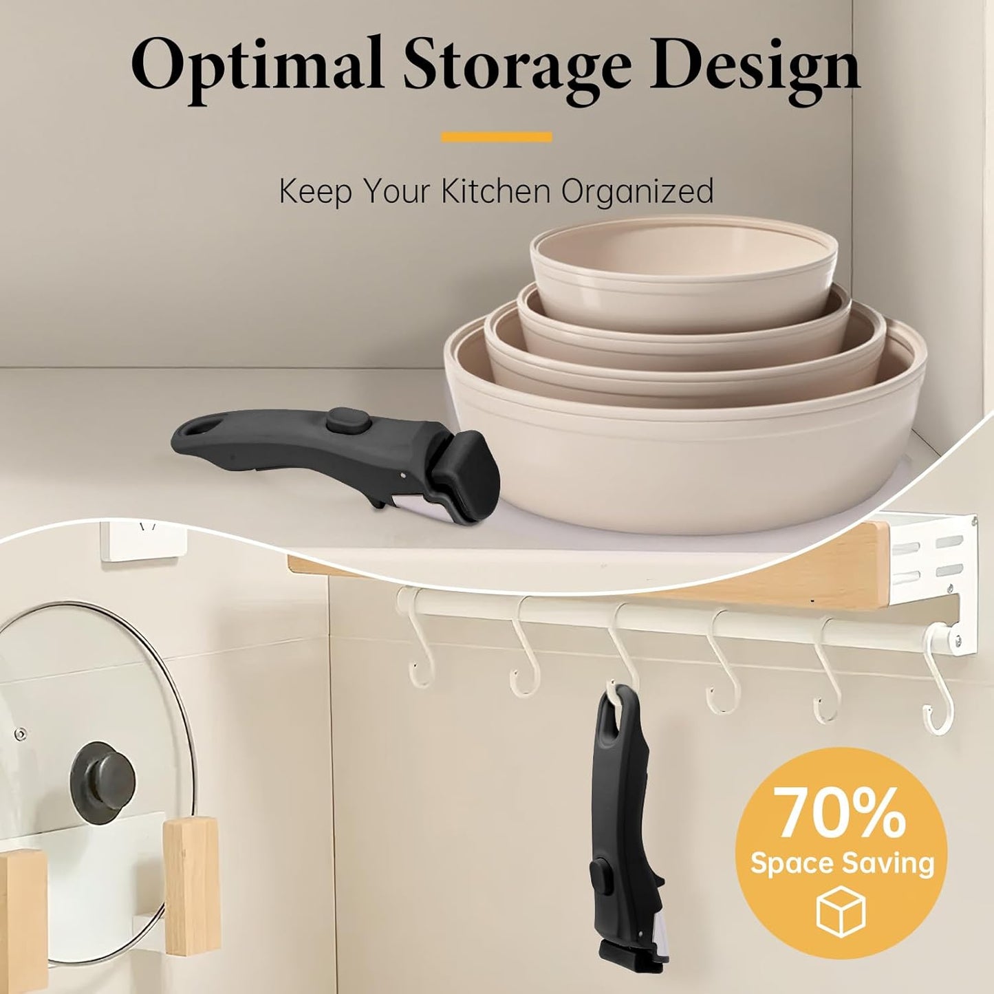 Removable Pot Handle, Universal Pan Handle, Replacement for Pots and Pans, Fits All Cookware, Includes Spoon Rest, Durable & Heat-Resistant, Cream White