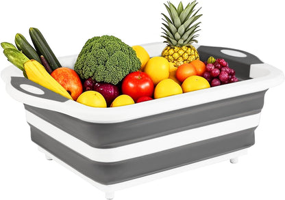 Collapsible BBQ Prep Tub/Cutting Board 10L, Foldable Dish Tub with Colander, Portable Camping Sink, Multifunction Dishing Basin Bucket Wash Tub for Kitchen Fruit Vegetable Picnic (Orange)