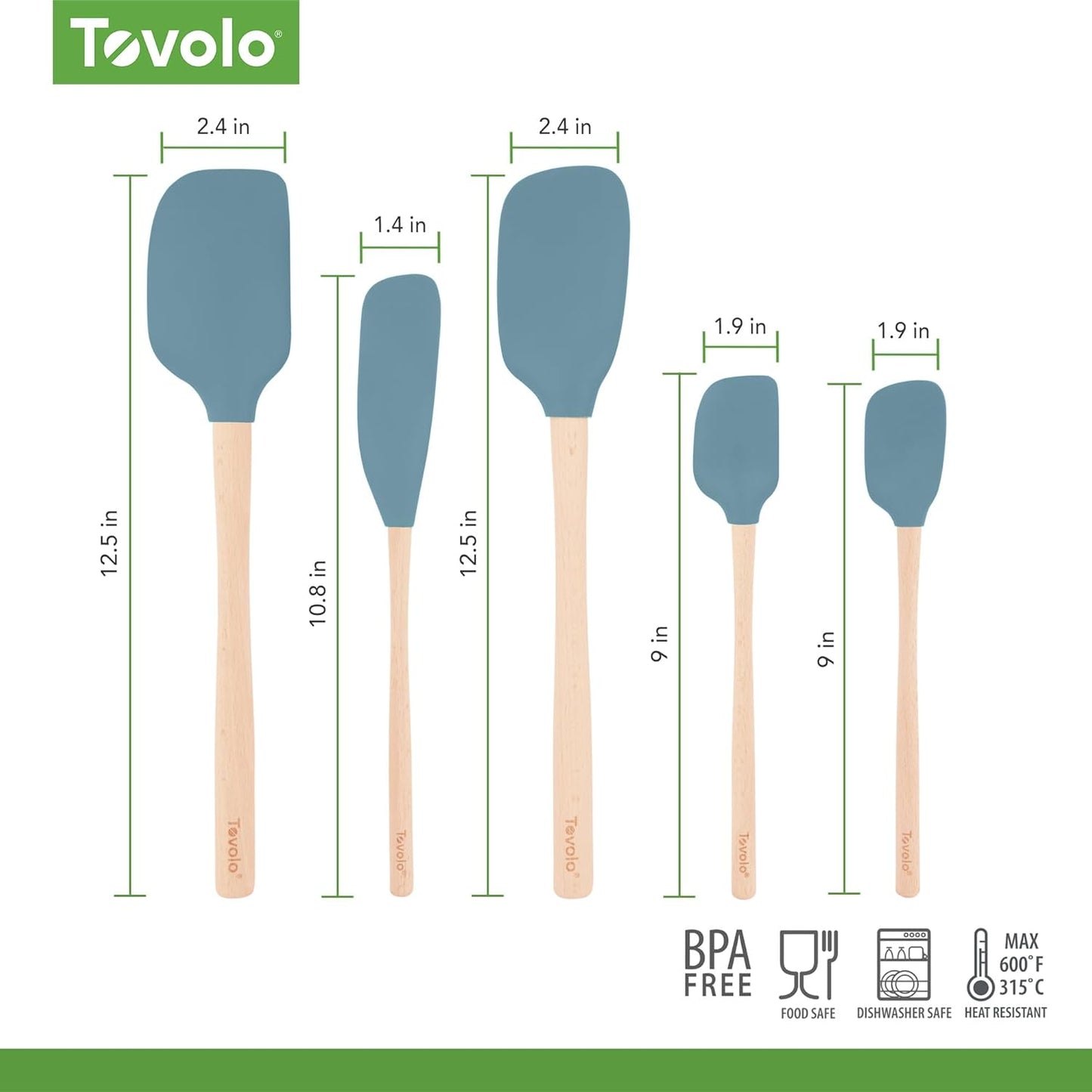 Tovolo Silicone Spatula with Wooden Handle Set of 5 Piece Silicone Kitchen Utensil Set Spoonula Jar Scraper Mini Spatula and Spoonula for Cooking Baking Mixing Folding Deep Indigo