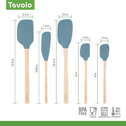 Tovolo Silicone Spatula with Wooden Handle Set of 5 Piece Silicone Kitchen Utensil Set Spoonula Jar Scraper Mini Spatula and Spoonula for Cooking Baking Mixing Folding Deep Indigo