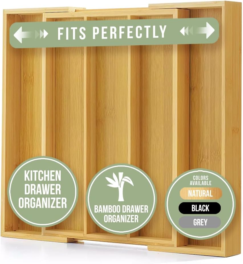 Purawood Bamboo Drawer Organizer - Expandable Silverware Organizer & Utensil Drawer Organizer, Cutlery Tray with Dividers, 7-9 Slots- Kitchen Organizer for Utensils & Flatware (Natural)